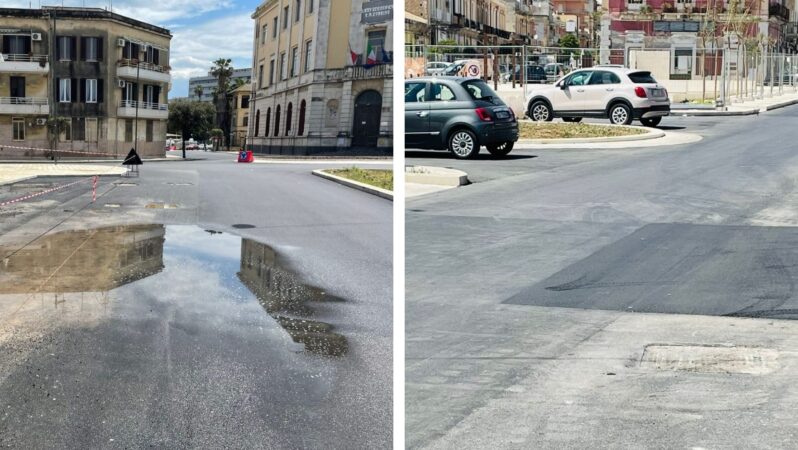 Siracusa, in piazza Euripide si mette una toppa sulla strada nuova: la pendenza (sbagliata) che non t’aspetti